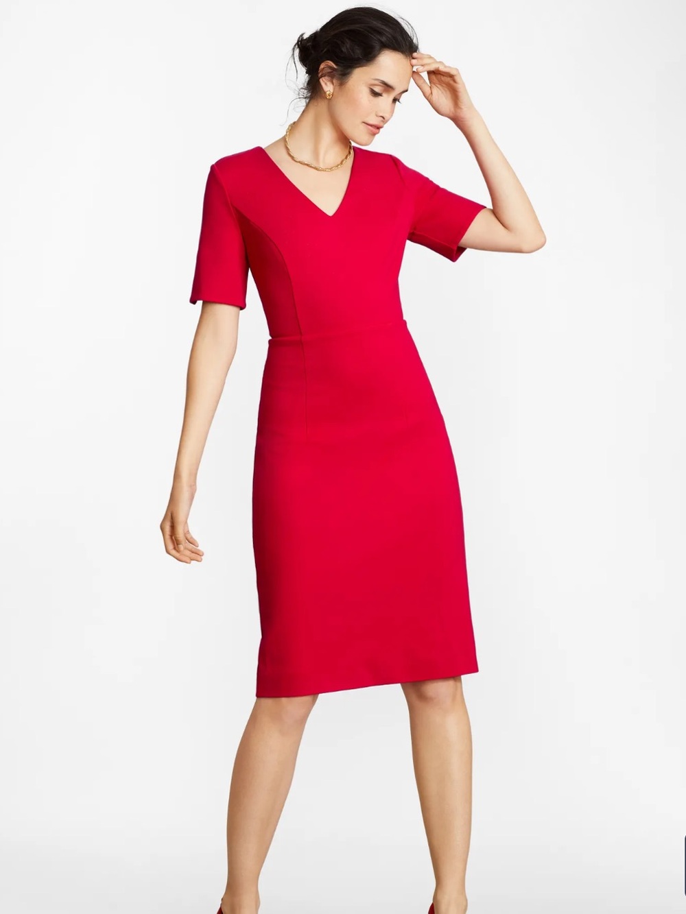 Brooks Brothers Red Ponte Knit Elbow Sleeve Length Sheath Dress